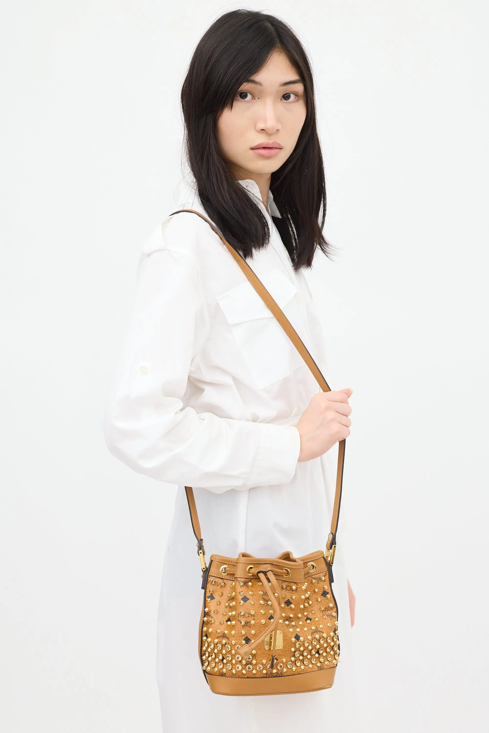 Brown Leather Visetos Bucket Bag