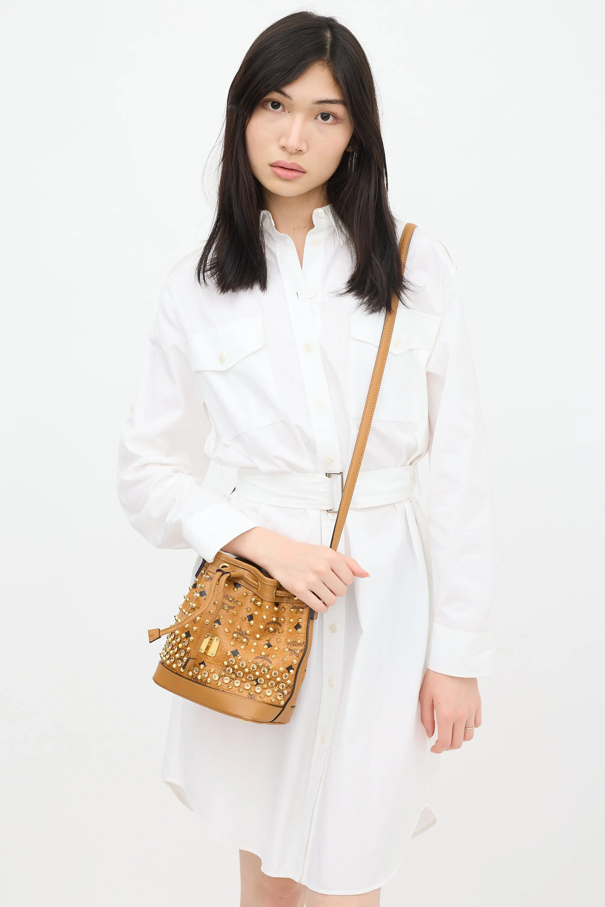 Brown Leather Visetos Bucket Bag