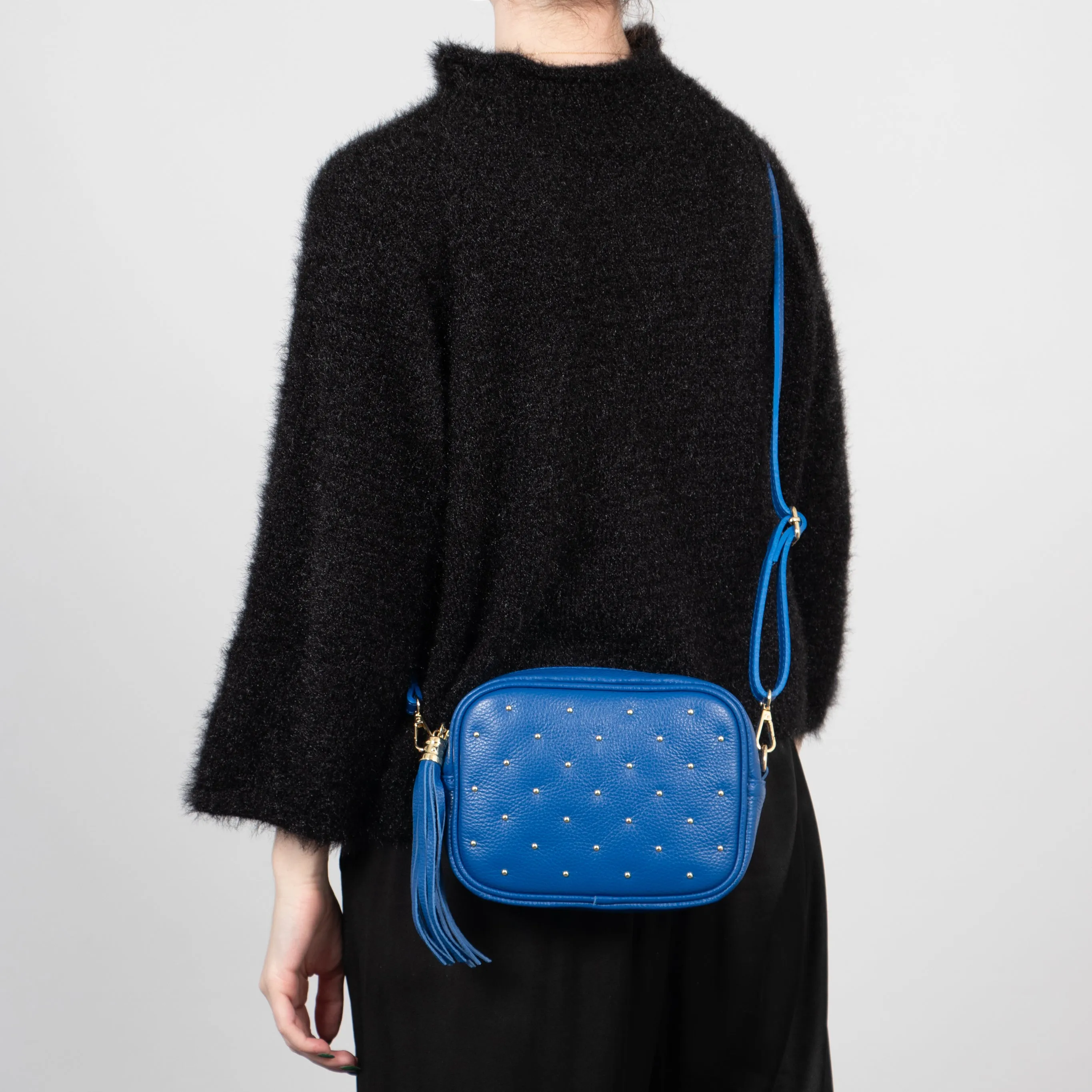 Giulia - Italian Leather Studded Camera Bag - Navy Blue, Pebbled