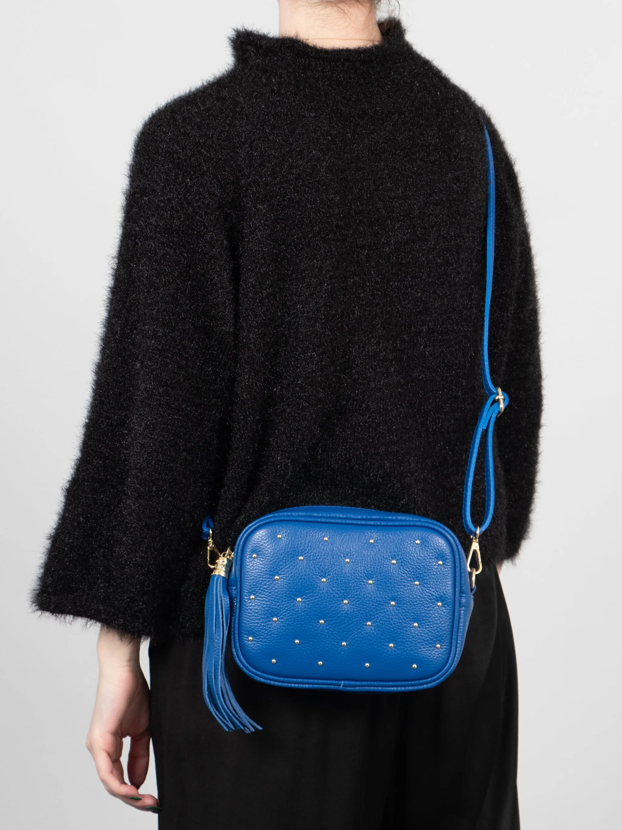 Giulia - Italian Leather Studded Camera Bag - Navy Blue, Pebbled